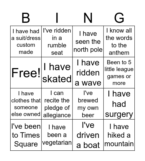 life experience bingo Card