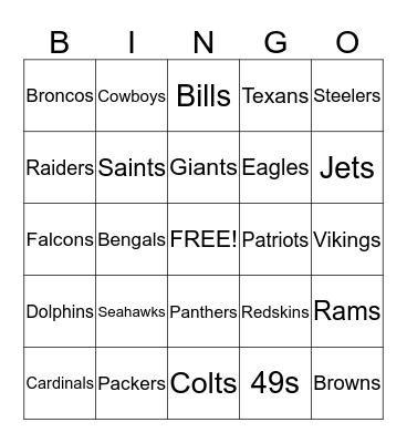 Pro Football Teams Bingo Card