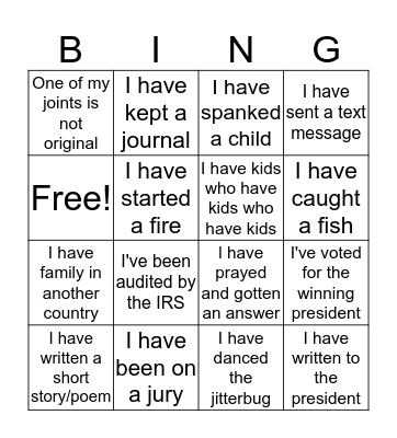 life experience bingo Card