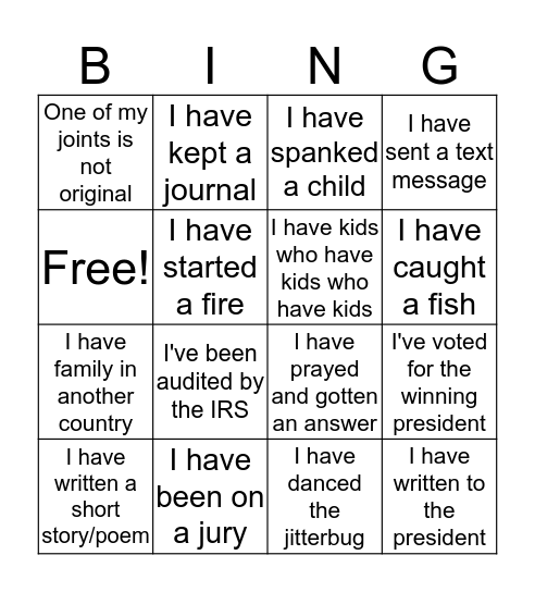 life experience bingo Card