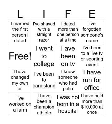life experience bingo Card