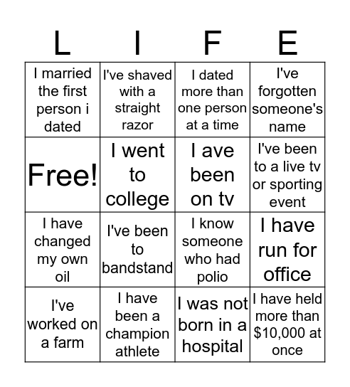 life experience bingo Card