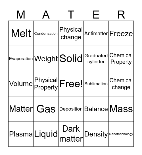 Properties of Matter Bingo Card