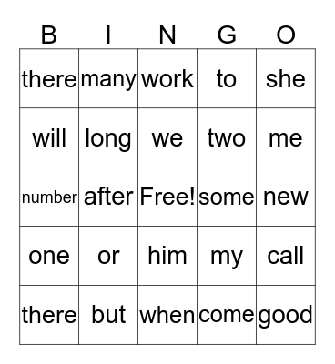 Fry Words Bingo Card
