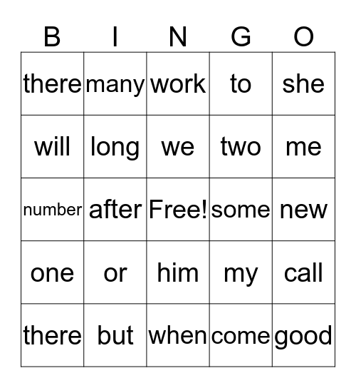 Fry Words Bingo Card