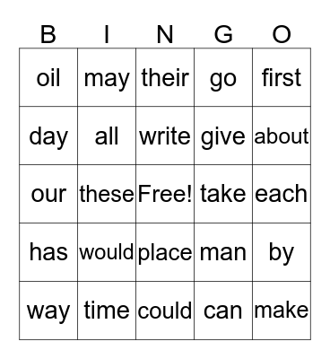 Fry Word Bingo (3) Bingo Card