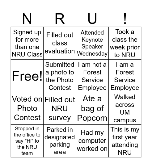 NRU Bingo Card