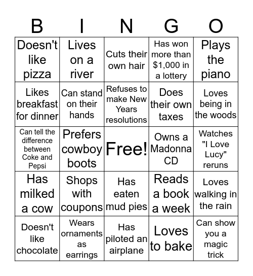 human bingo Card