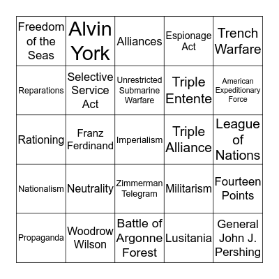 World War I Bingo Card