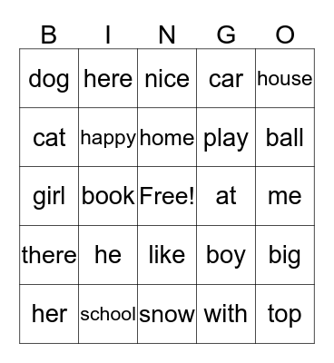 Sight Word Bingo Card