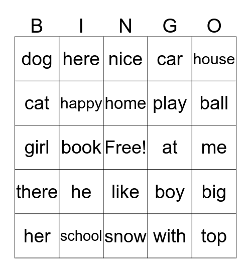 Sight Word Bingo Card