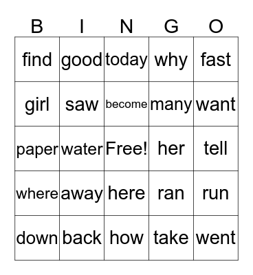 Sight Words #1-14 Bingo Card