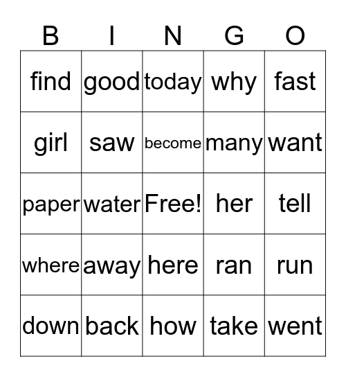 Sight Words #1-14 Bingo Card