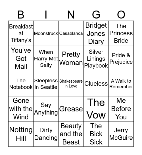 Romantic Movies Bingo Card