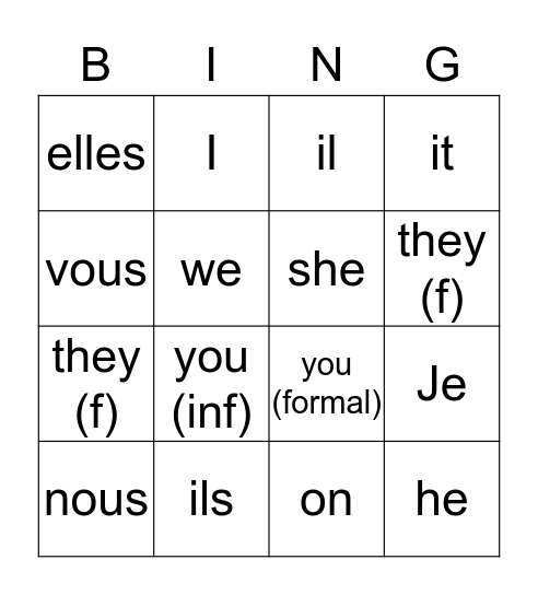 Personal pronoun Bingo Card