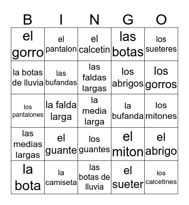 Ropa de Invierno Bingo Card