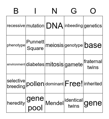 Heredity Bingo Card