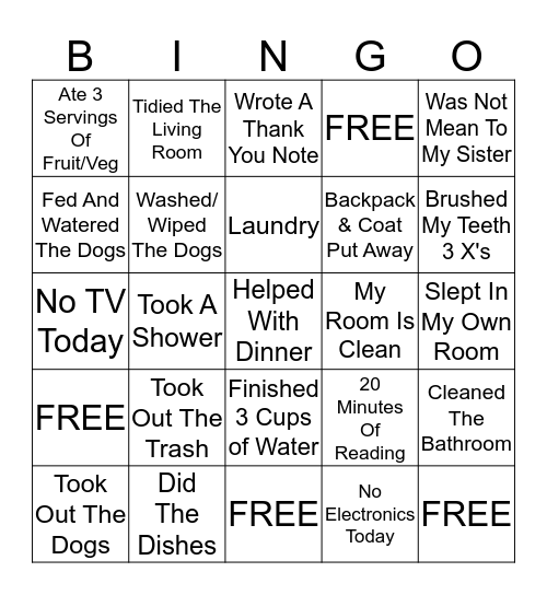 Weekday Nubbie Bingo Card