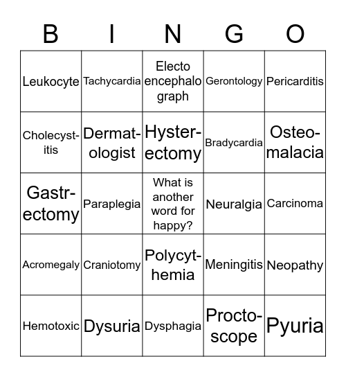 Medical Terminology Bingo Card