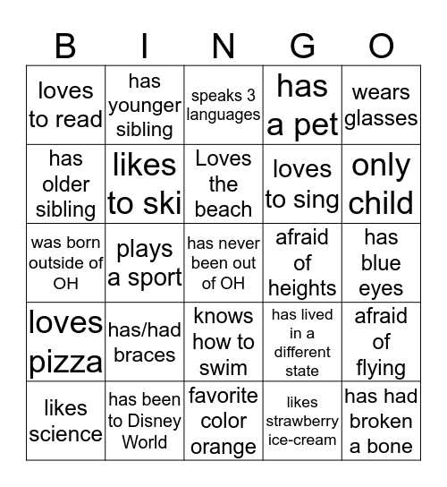Characteristics Bingo Card