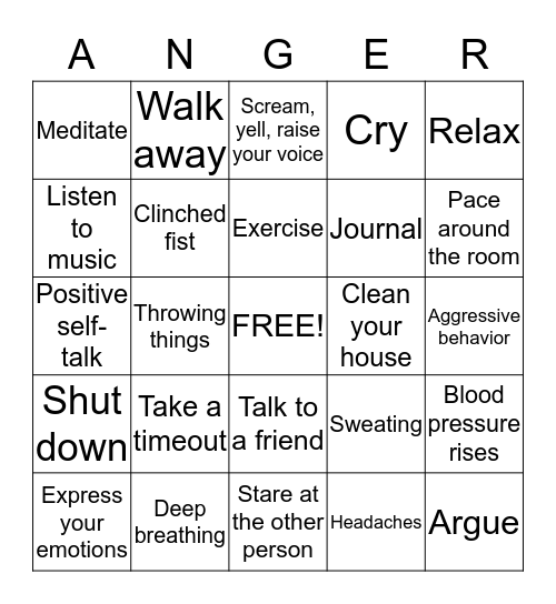 Anger Management Bingo Card
