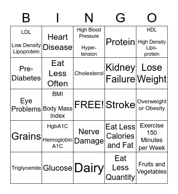 Taking Responsibility for Eating and Exercise Bingo Card
