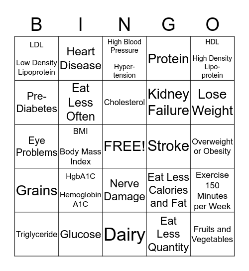 Taking Responsibility for Eating and Exercise Bingo Card