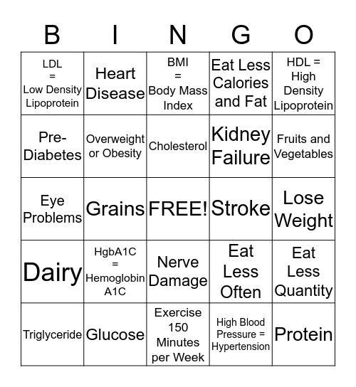 Taking Responsibility for Eating and Exercise Bingo Card