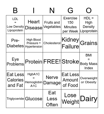 Taking Responsibility for Eating and Exercise Bingo Card