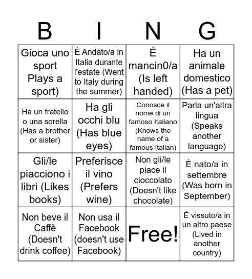 Trova una persona che... Bingo Card