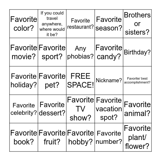 BINGO! To Meet You.  Bingo Card