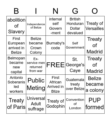 ROAD TO BELIZE'S INDEPENDENCE Bingo Card
