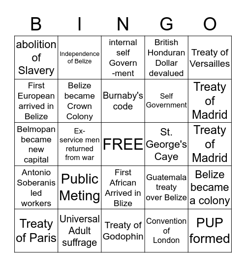 ROAD TO BELIZE'S INDEPENDENCE Bingo Card