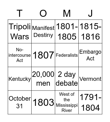 Thomas Jefferson Bingo Card