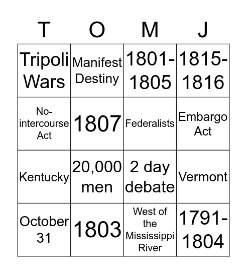 Thomas Jefferson Bingo Card