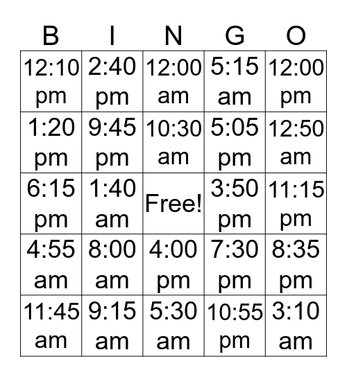 C1U2E Telling Time (The 12-hour Clock) Bingo Card