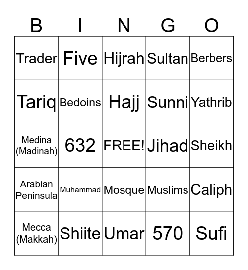 Islamic Empire Vocabulary Bingo Card