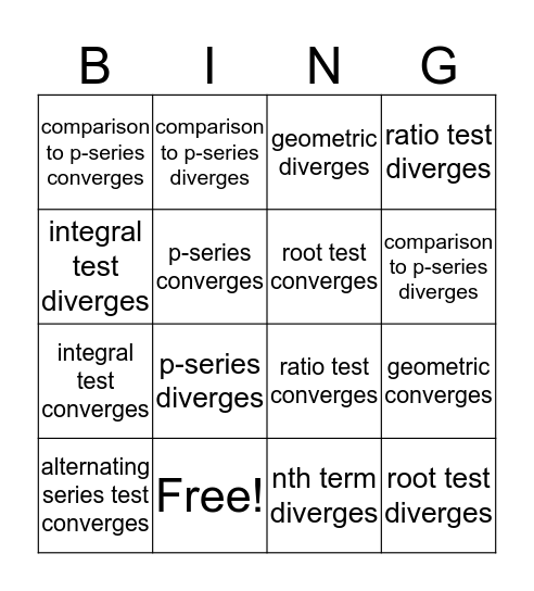 Tests for Convergence BINGO Card