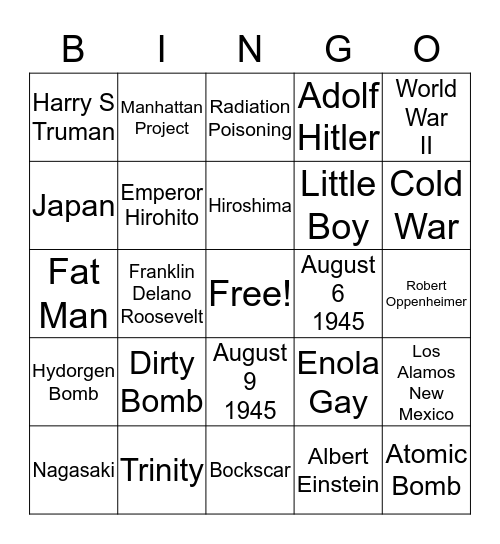 Atomic Bombs Bingo Card