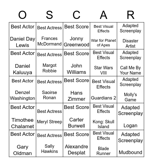 Super Retro Oscar Bingo Card