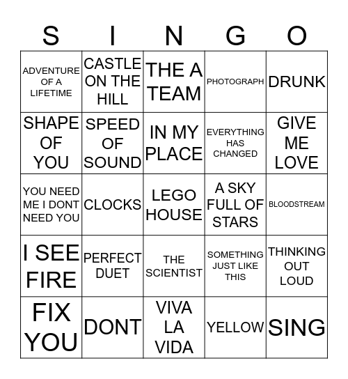 147 ED SHEERAN VS COLDPLAY Bingo Card