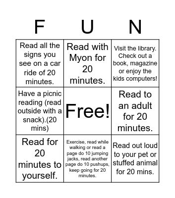 Home Reading Bingo Card