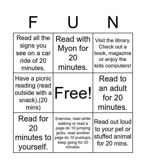 Home Reading Bingo Card