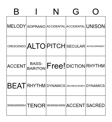 Music Vocabulary Bingo Card