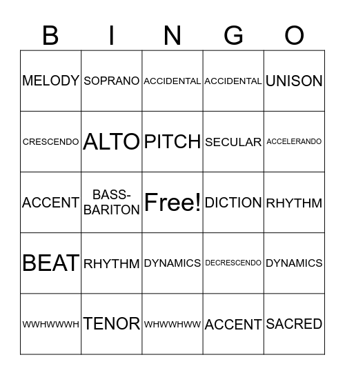 Music Vocabulary Bingo Card