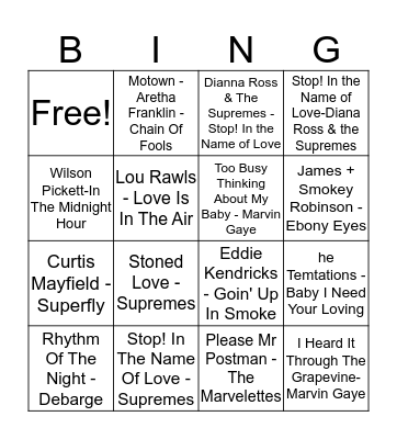 Motown Music Bingo(c) Bingo Card