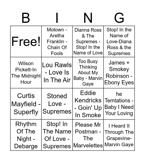 Motown Music Bingo(c) Bingo Card