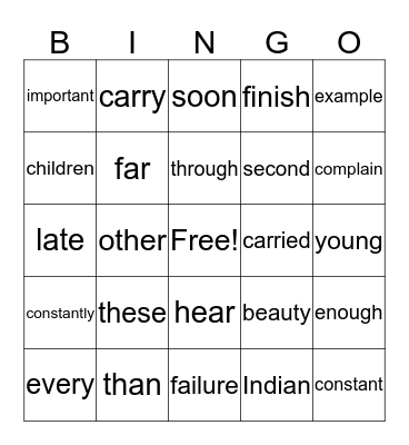 sight words Bingo Card