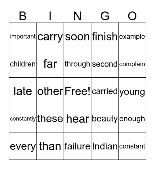 sight words Bingo Card