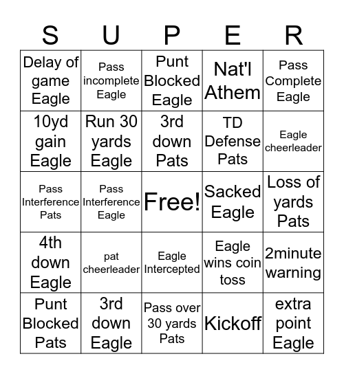 Super Sunday Bingo Card